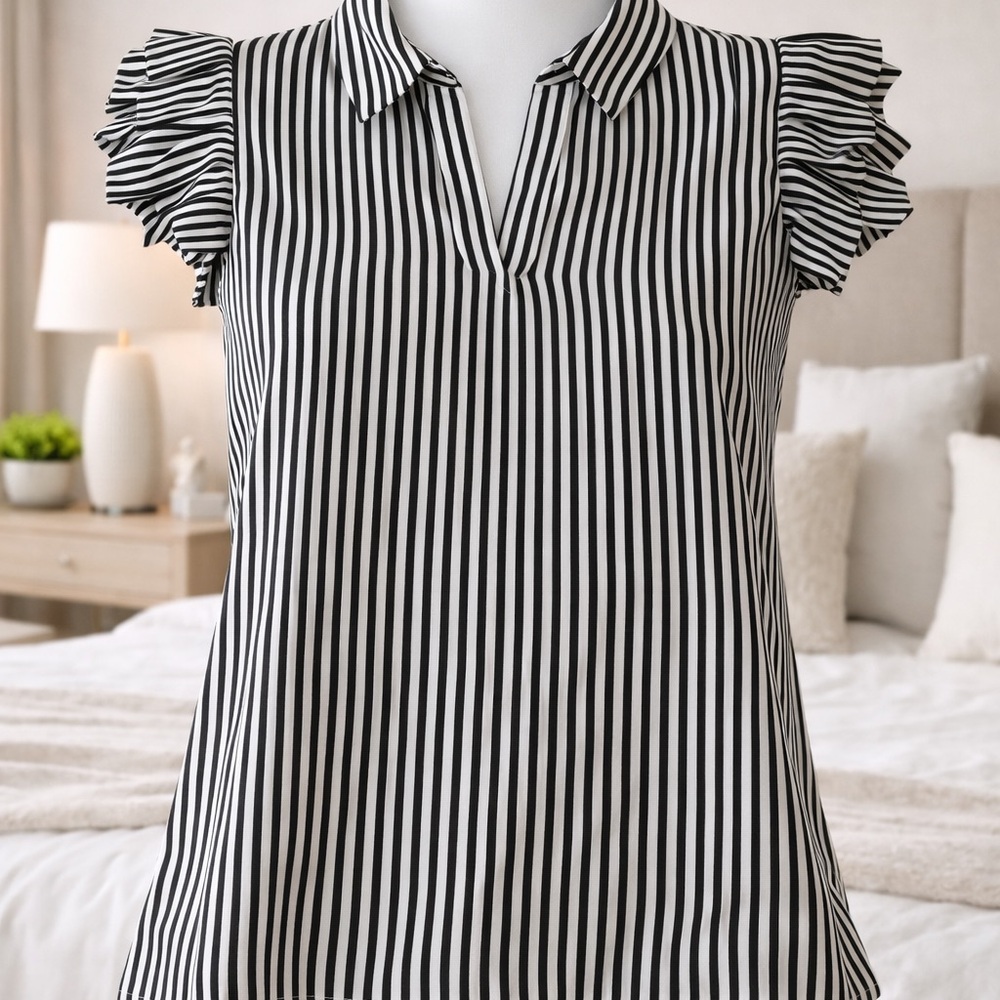 Tahari Black and White Vertical Stripe Flutter Sleeve Top